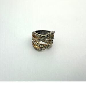 Wide Pavé Rhinestone Criss Cross Statement Ring Two Tone